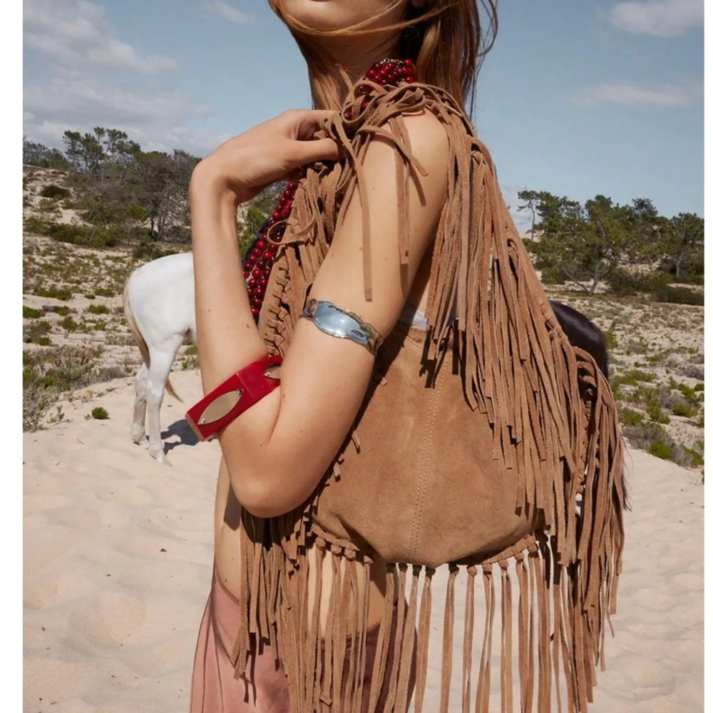 Western Vegan Suede Fringe Large Size Hobo Bag